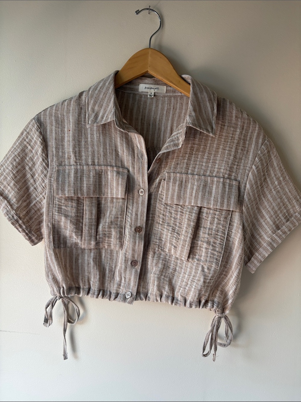 Madewell Taupe and White Striped Cropped Button-Down Shirt